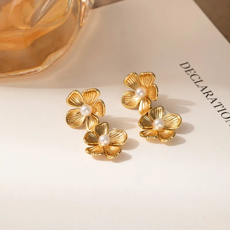 Titanium Steel Butterfly Pearl Drop Earrings Two Flower Pearl Earrings 1218