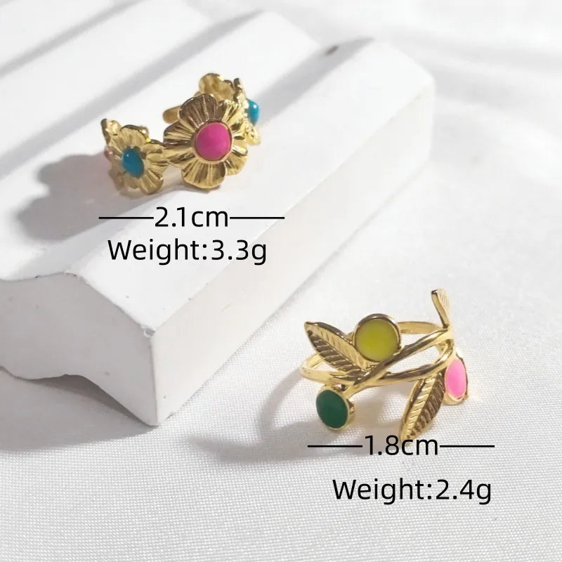 18K Gold Leaf & Flower Open Ring – Stainless Steel