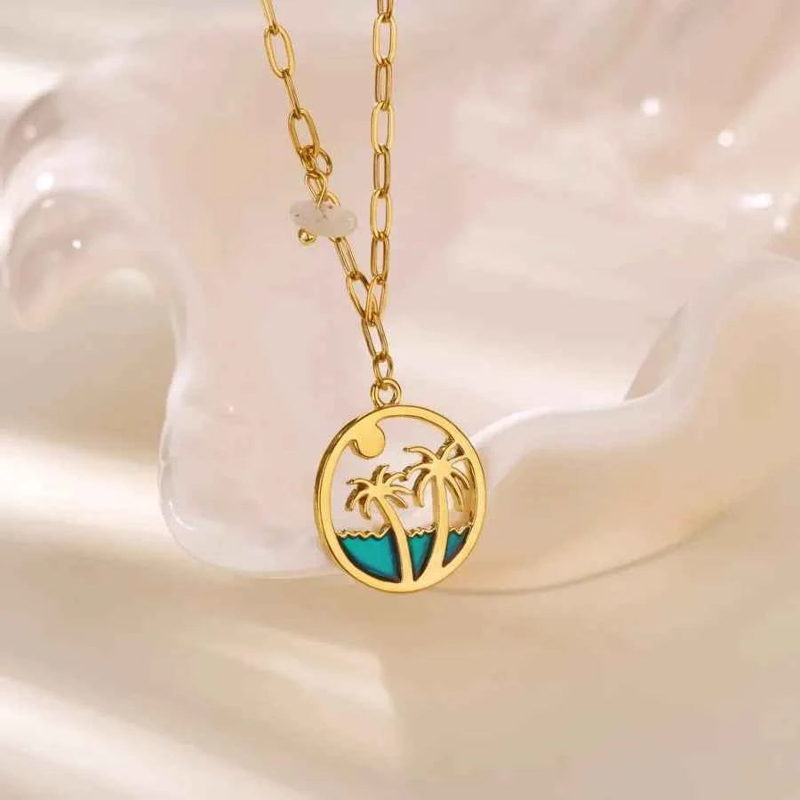 18K Gold Wave & Palm Tree Pendant Necklace