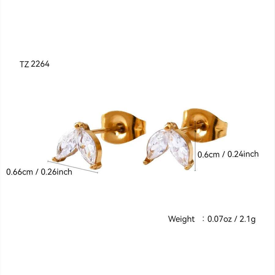 18K Gold Geometric Flower Zircon Stud Earrings Double Leaf Earrings