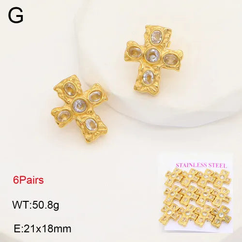 Gold Cross Zircon Earrings – Titanium Steel 21*18mm White Diamond Gold 6 Pairs Card