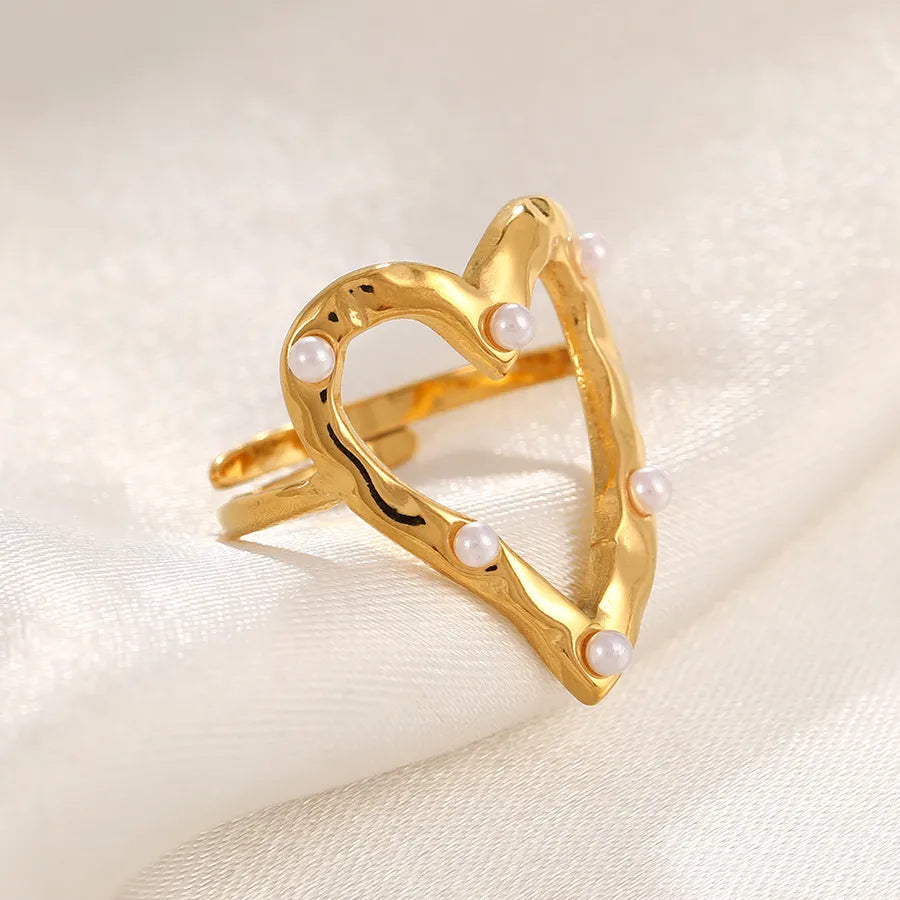 Gold Plated Zircon Heart Ring – Adjustable Open Band Adjustable Opening 18k Real Gold Heart-shaped Pearl