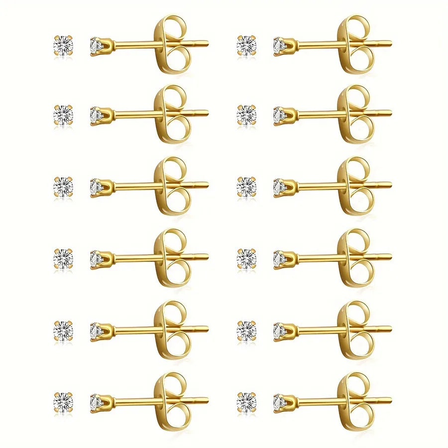 Unisex 12-Pair Stainless Steel Stud Earrings Set Gold 2mm12 Pairs