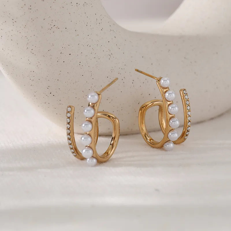 French Retro Pearl Zircon C-Shaped Earrings