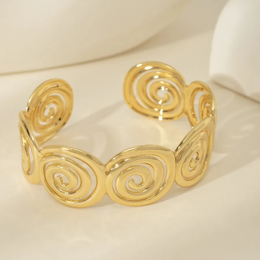 18K Gold Plated Stainless Steel Open Bangle Stainless Steel Electroplated 18k Real Gold Wide Spiral Open Bracelet Style 1
