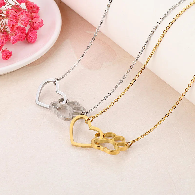 Heart & Cat Paw Gold Stainless Steel Necklace