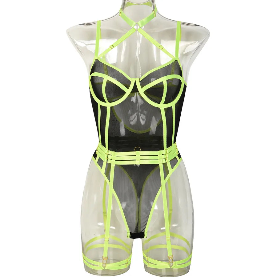 Women's Multicolor Sexy Cosplay Lingerie Set Black Net Green Belt