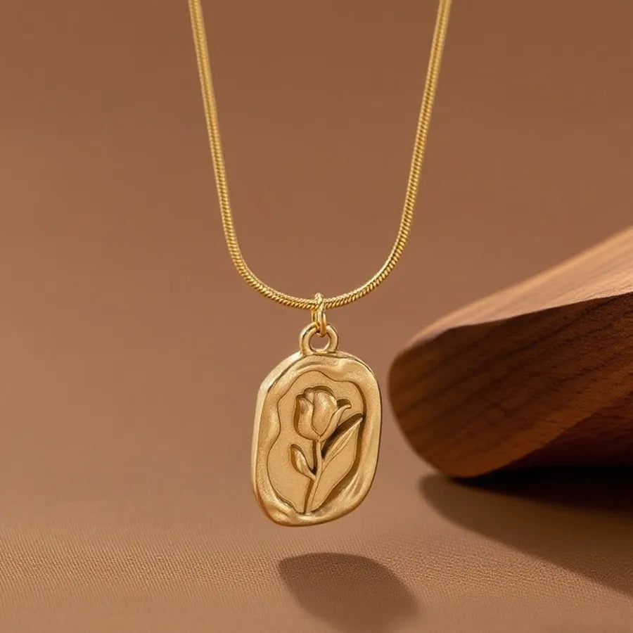 Gold Heart Shell Pendant Necklace X06063-Embossed Flower-Necklace- Gold