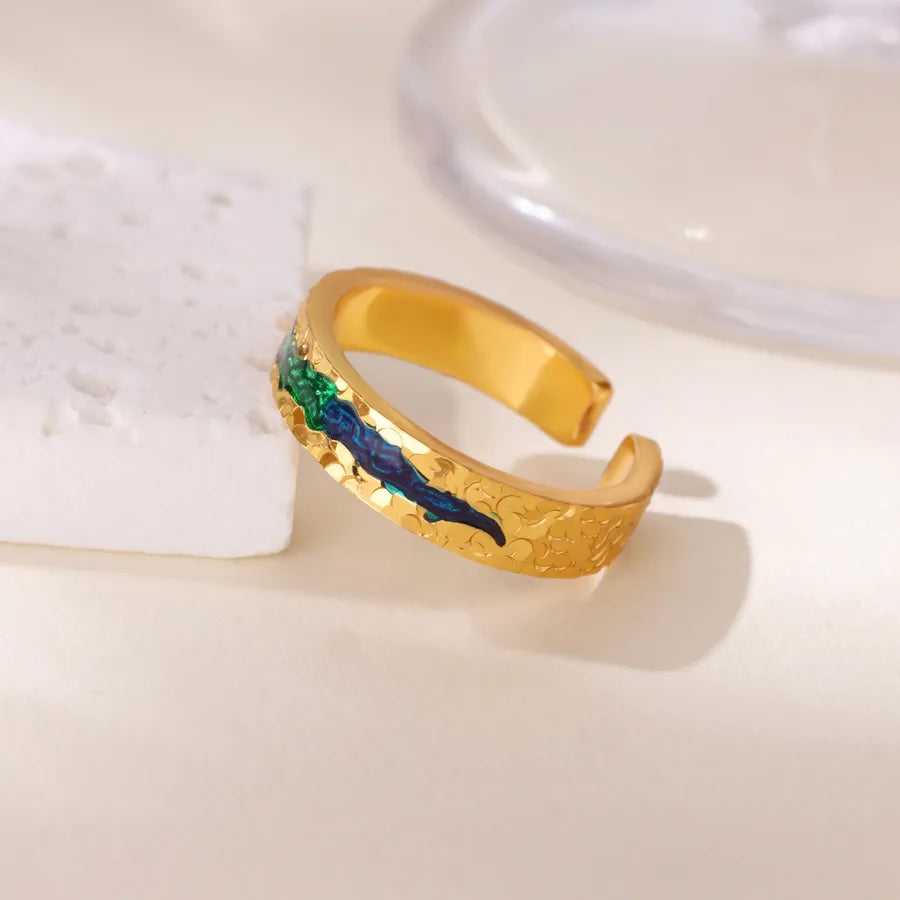 Gold Stainless Steel Wave Ring with Pearl & Zircon