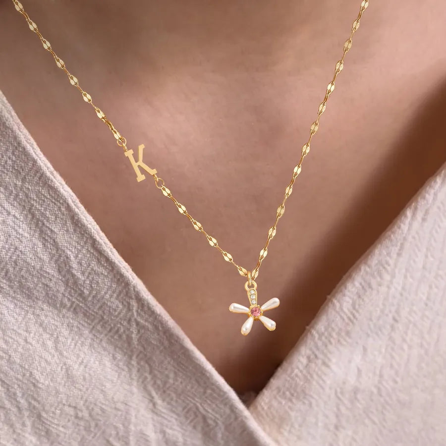 Gold Initial Flower Pendant Necklace for Women