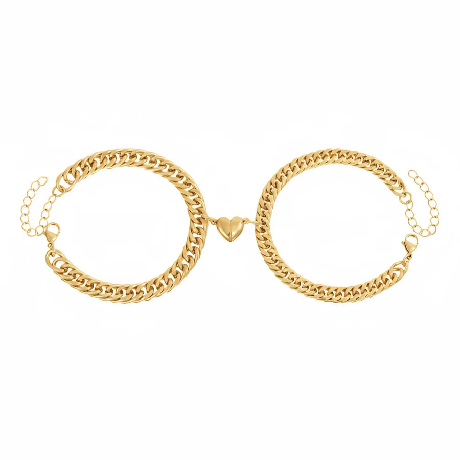 Magnetic Heart Couple Bracelet – 18K Gold Plated 17+5cm Gold 1 Pair of Stainless Steel Heart Bracelets