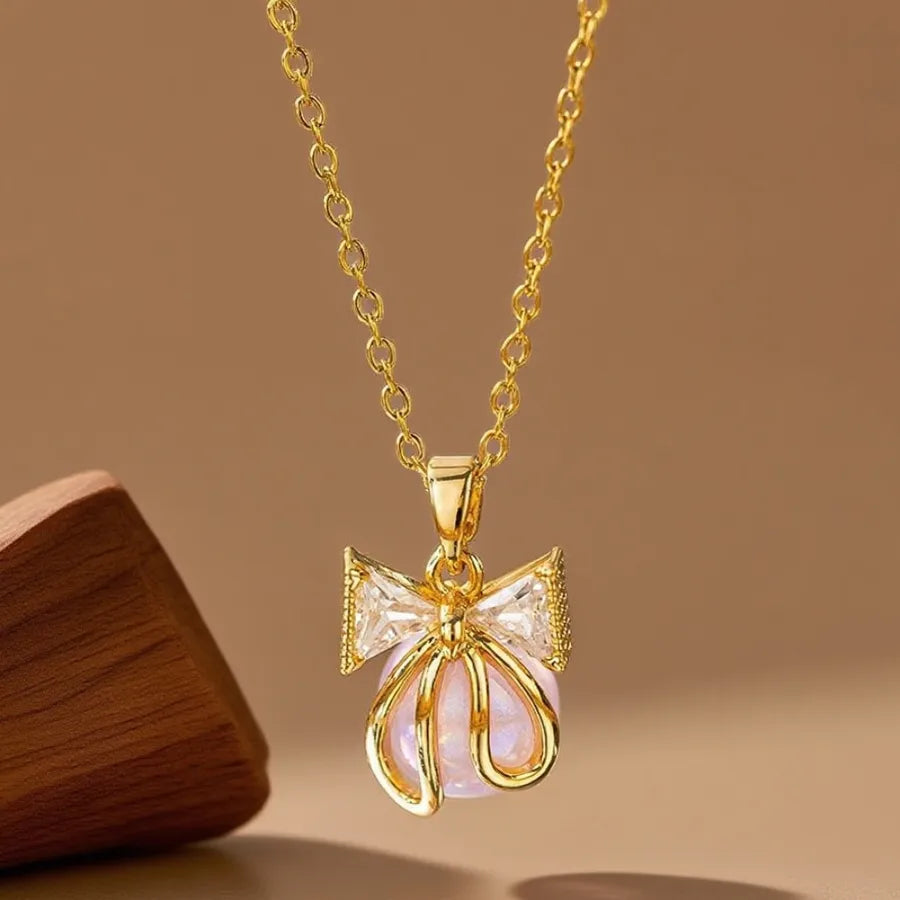 Geometric Titanium Steel Necklace for Women X08170 [Copper Pendant] Pearl Bow Necklace - Gold