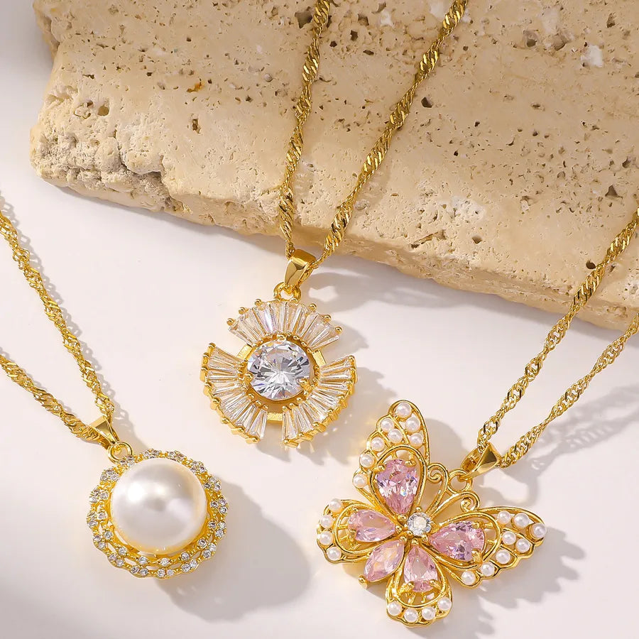 Gold Heart Pendant Necklace with Pearl & Butterfly