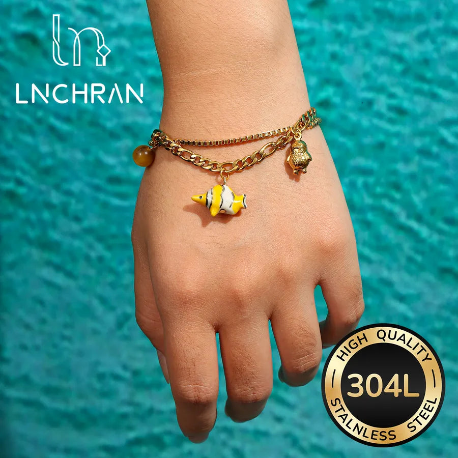 Gold Stainless Steel Bracelet with Fish & Seahorse