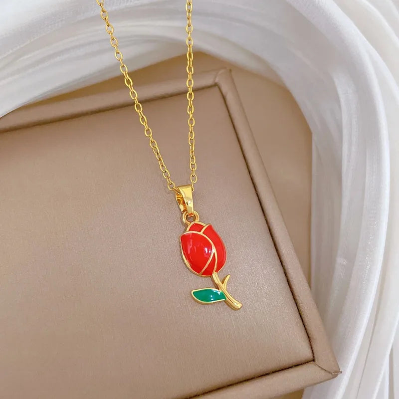 Gold Butterfly & Fish Choker Necklace D438 Titanium Steel Chain Copper Pendant