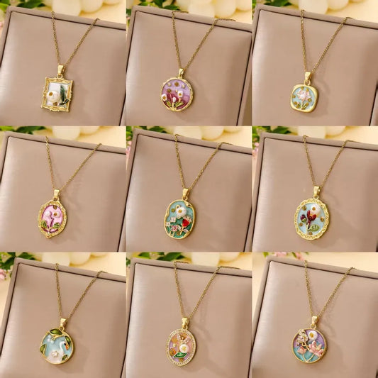 Boho Floral Pendant Necklace – Titanium Steel