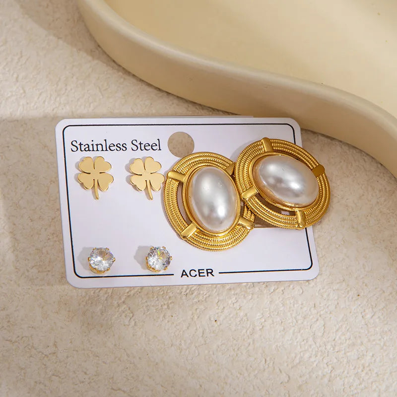 Gold Star & Butterfly Hoop Earrings Oval Pearl Stud Earrings Set 1165