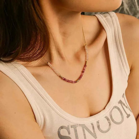 Pink Stone Pendant Beaded Necklace for Women