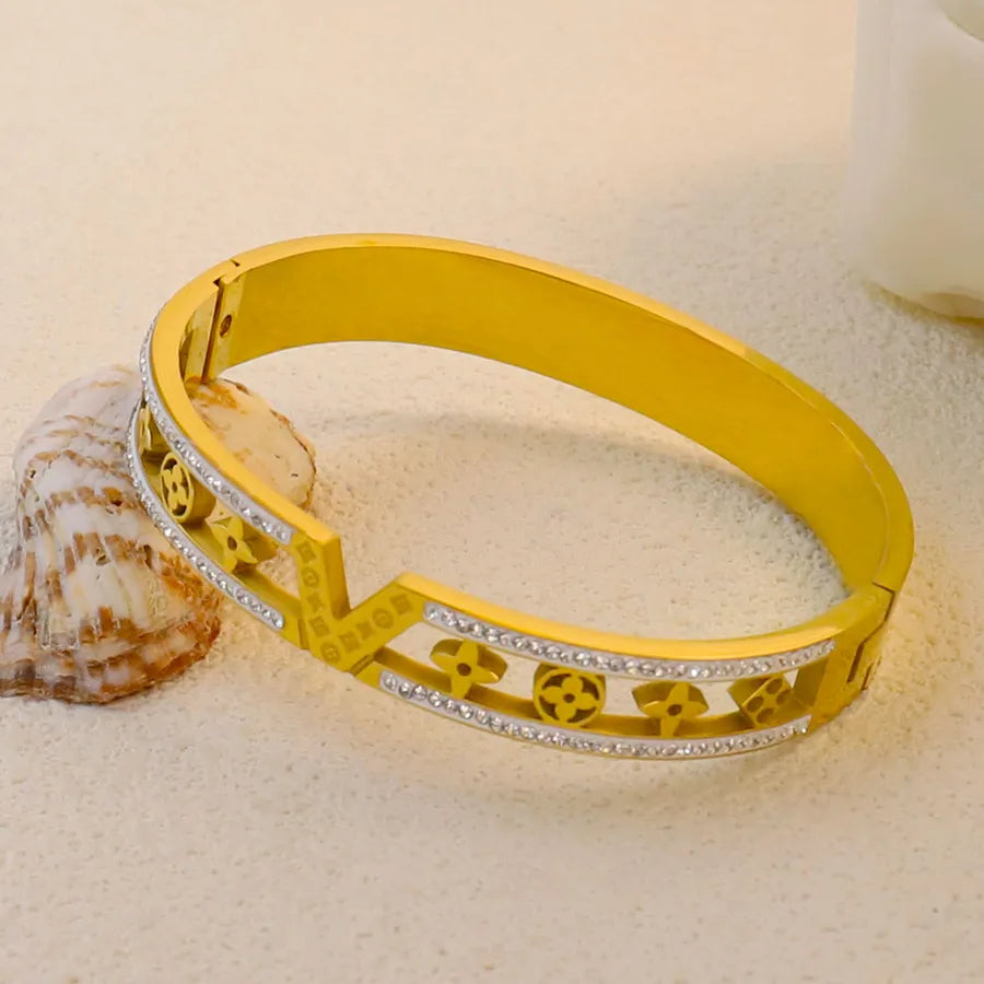 18K Gold Plated Zircon Hollow Stainless Steel Bracelet Average Size Gold Style 7