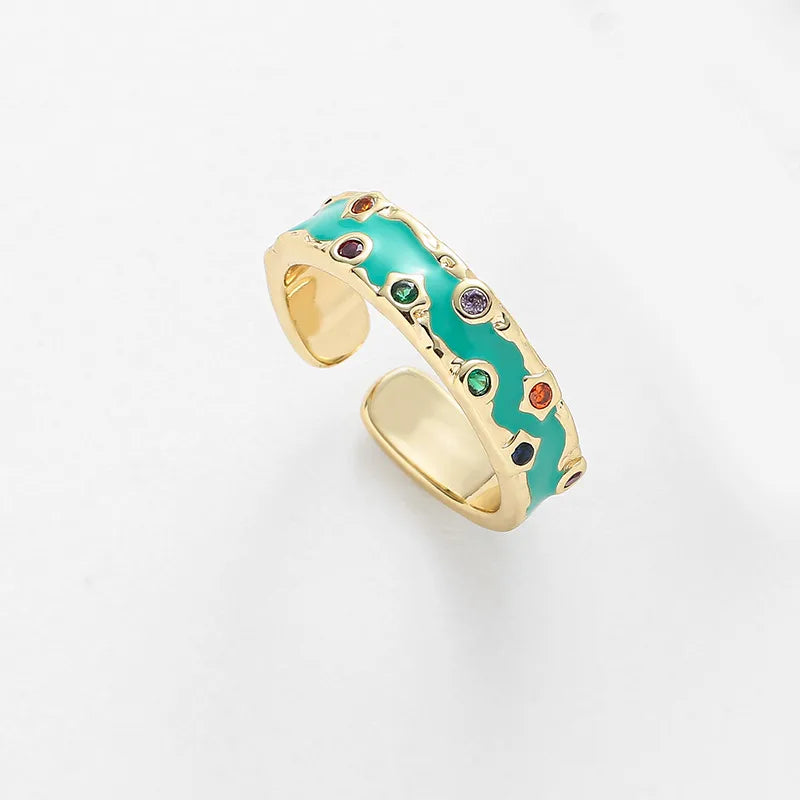 Colorful Enamel Open Ring for Women Multicolor Oil Drop Inlaid Diamond Ring Blue Sold Individually