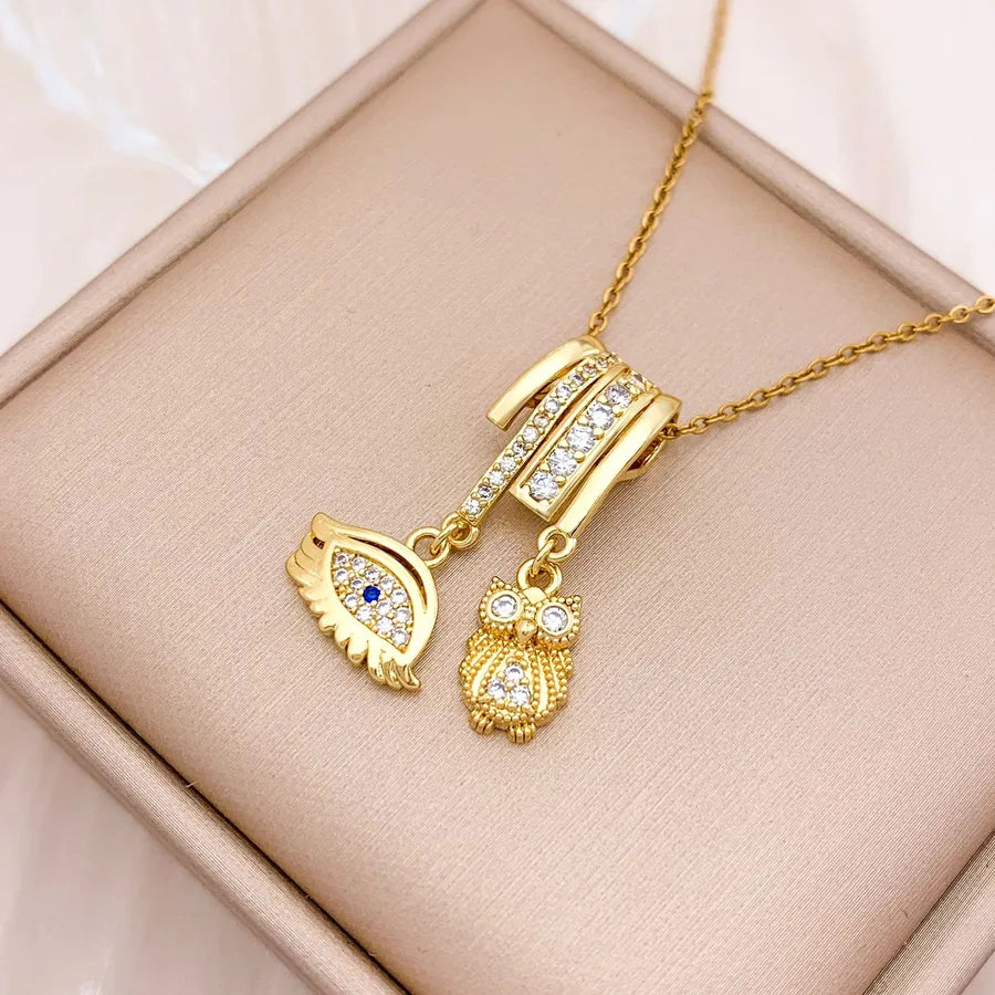 Gold Plated Heart & Eye Zircon Pendant Necklace XL3256 Owl Eye Necklace Set Gold