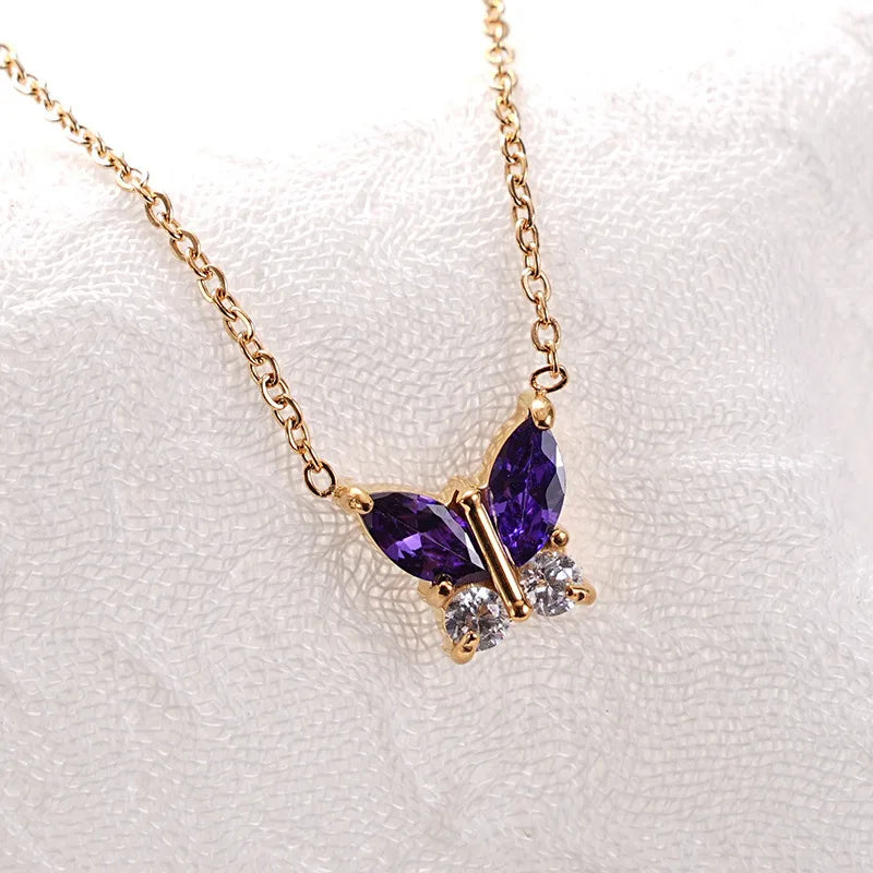 Butterfly Zircon Necklace in 18K Gold Titanium Gold N0052G-4 Purple Zircon Model