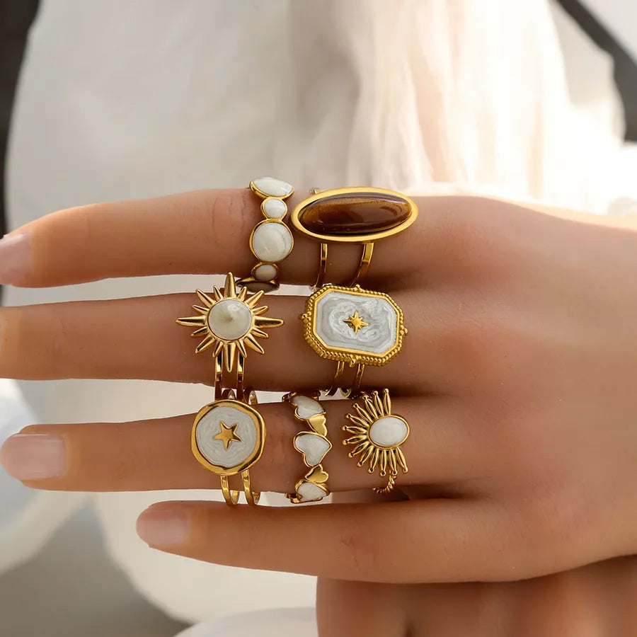 Gold Heart & Flower Titanium Steel Ring Set