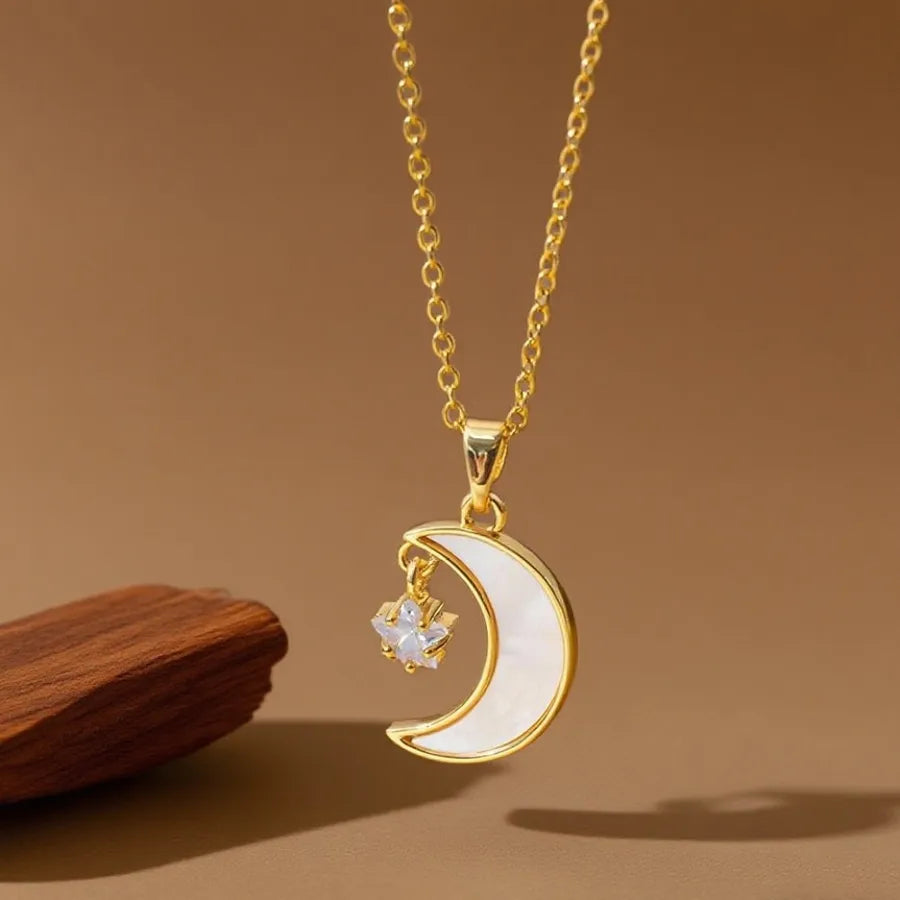 Geometric Titanium Steel Necklace for Women X08085 Copper Pendant White Shell Moon 0 Chain Necklace Gold