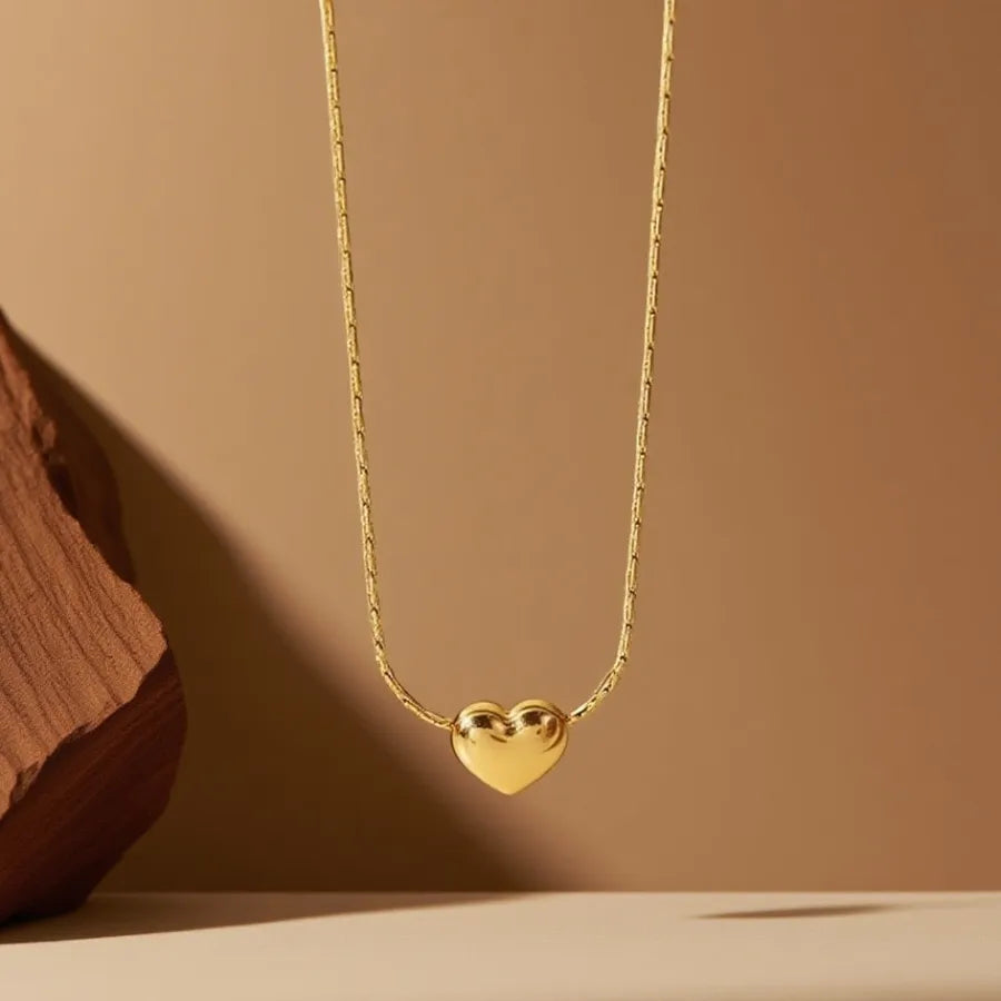 Titanium Steel Heart Pendant Necklace X0387-Circular Link Chain Heart Necklace - Gold