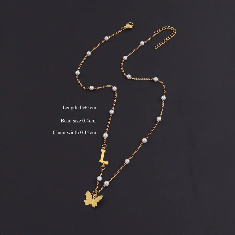 Gold Butterfly Letter Pendant Necklace Gold L