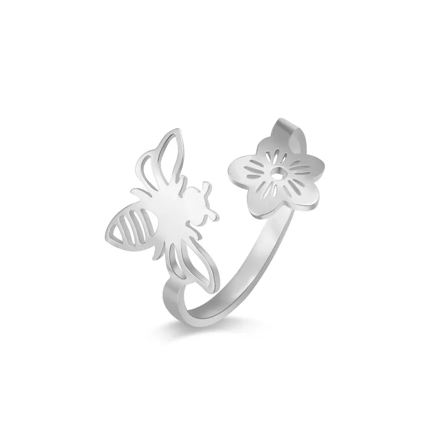 Gold Five-Petal Flower & Insect Open Ring Steel Color Little Bee Open Ring