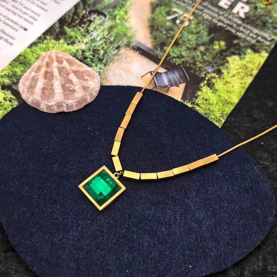 Green Zircon Geometric Titanium Steel Necklace