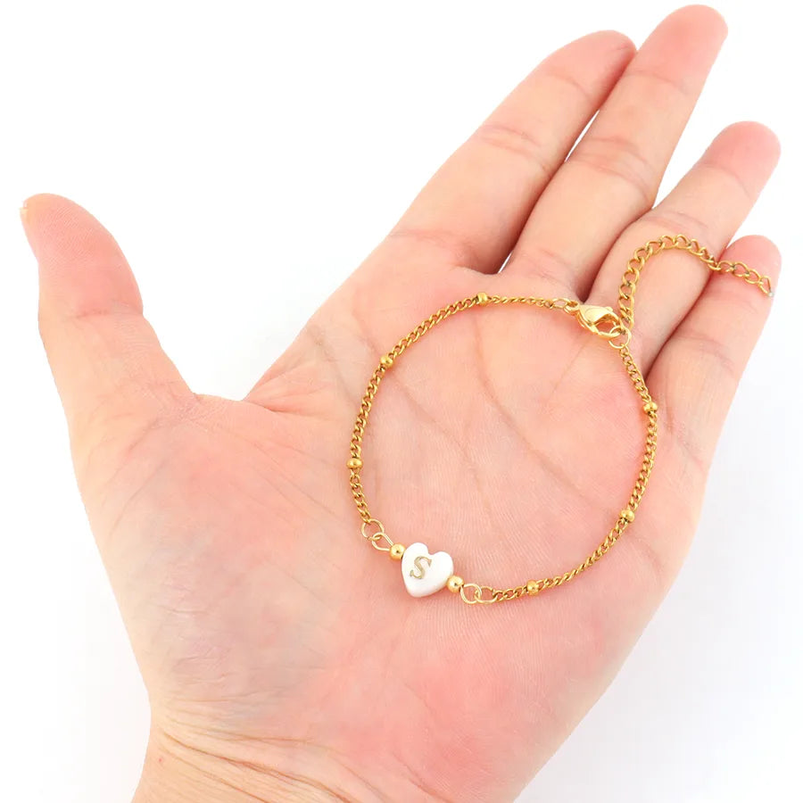 Gold Heart Initial Bracelet with Shell Charm