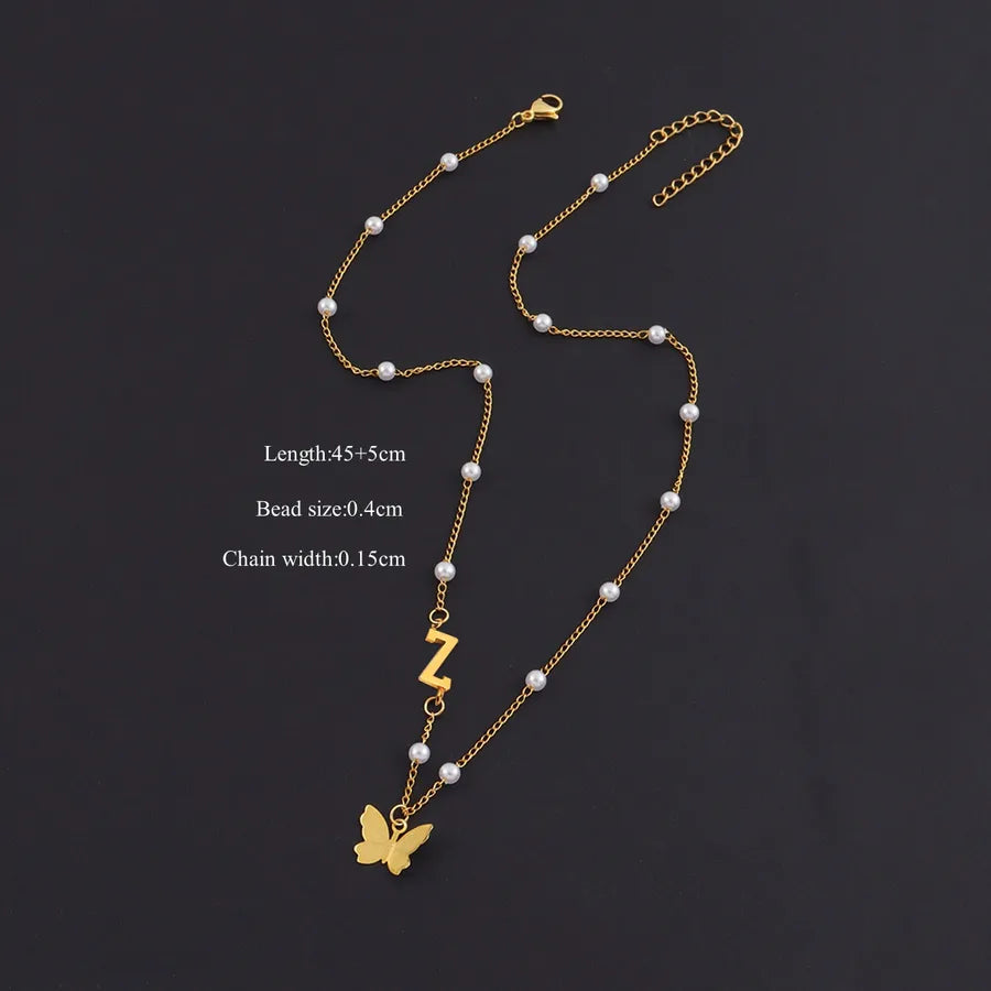 Gold Butterfly Letter Pendant Necklace Gold Z