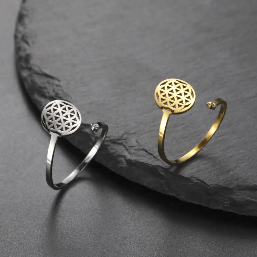 Boho Geometric Floral Open Ring – Gold Stainless Steel
