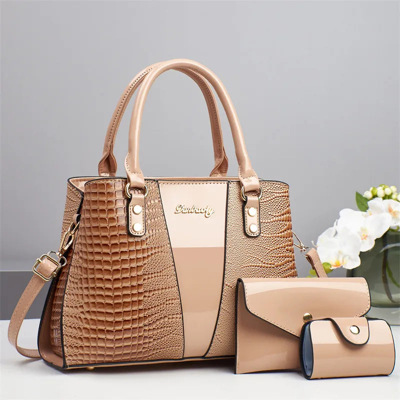 3-Piece Crocodile Pattern PU Shoulder Bag Set Khaki 30*11*22cm