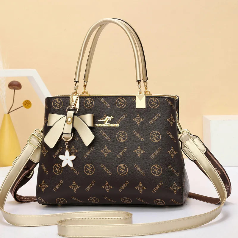 Elegant PU Leather Shoulder Crossbody Handbag Coffee with Champagne Color