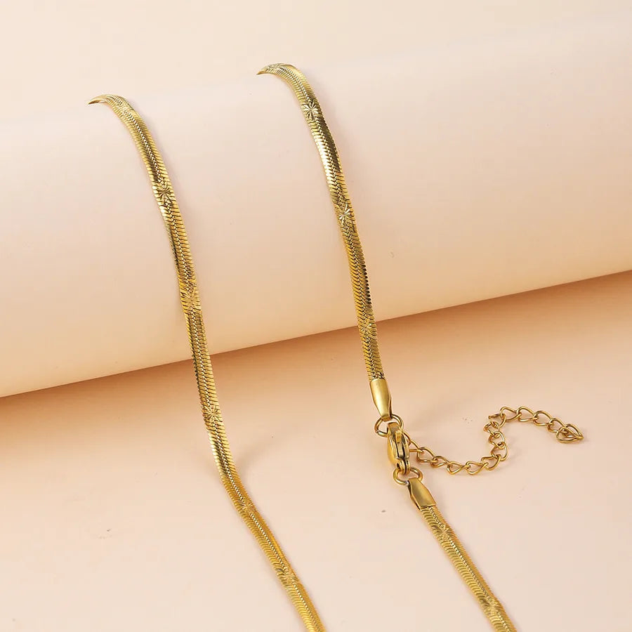 18K Gold Snake Bone Chain Necklace Embossed Push Button Gold 2.8*45+5CM