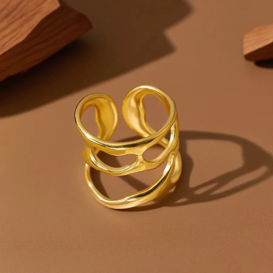 Geometric Heart Titanium Steel Ring Z0236-Irregular Hollow-Out Ring- Gold