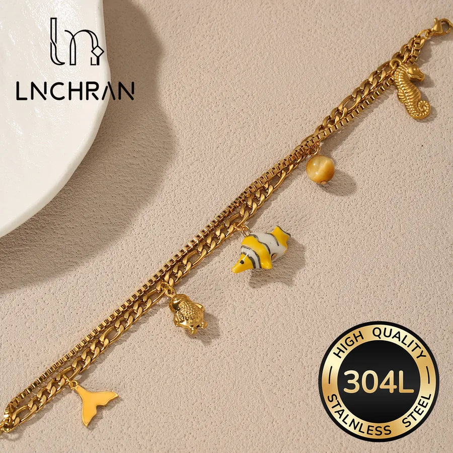 Gold Stainless Steel Bracelet with Fish & Seahorse