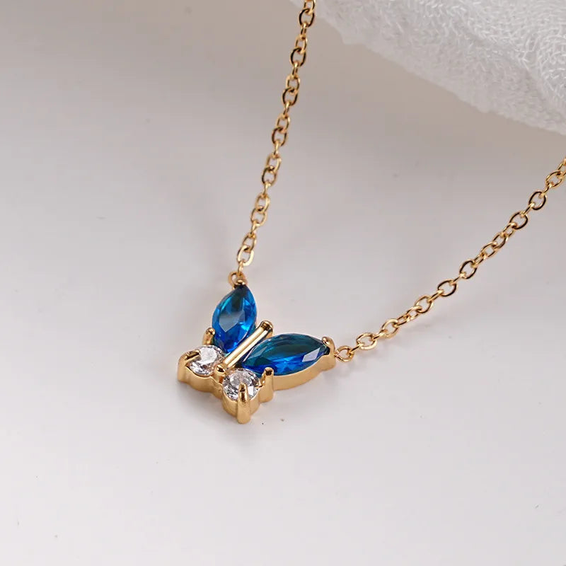 Butterfly Zircon Necklace in 18K Gold Titanium Gold N0052G-1 Blue Zircon Model