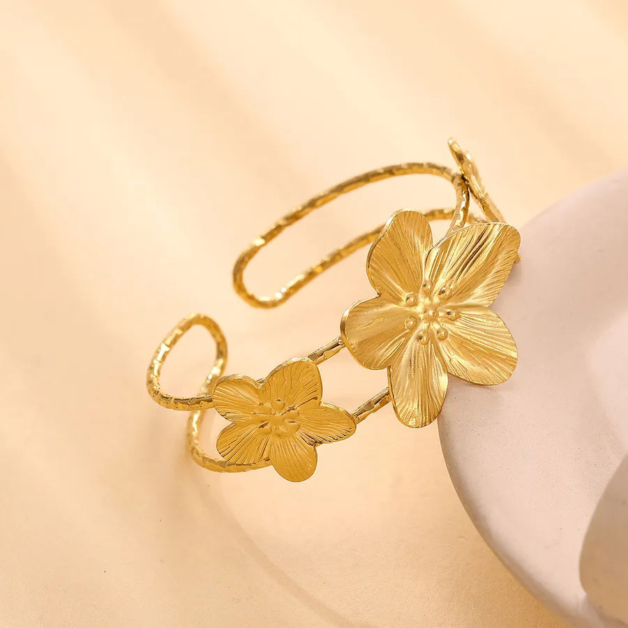Gold Flower Open Bangle Bracelet for Women