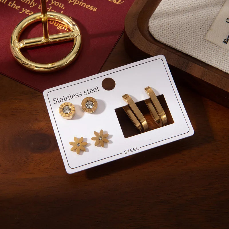 Geometric Floral Stainless Steel Earrings Set