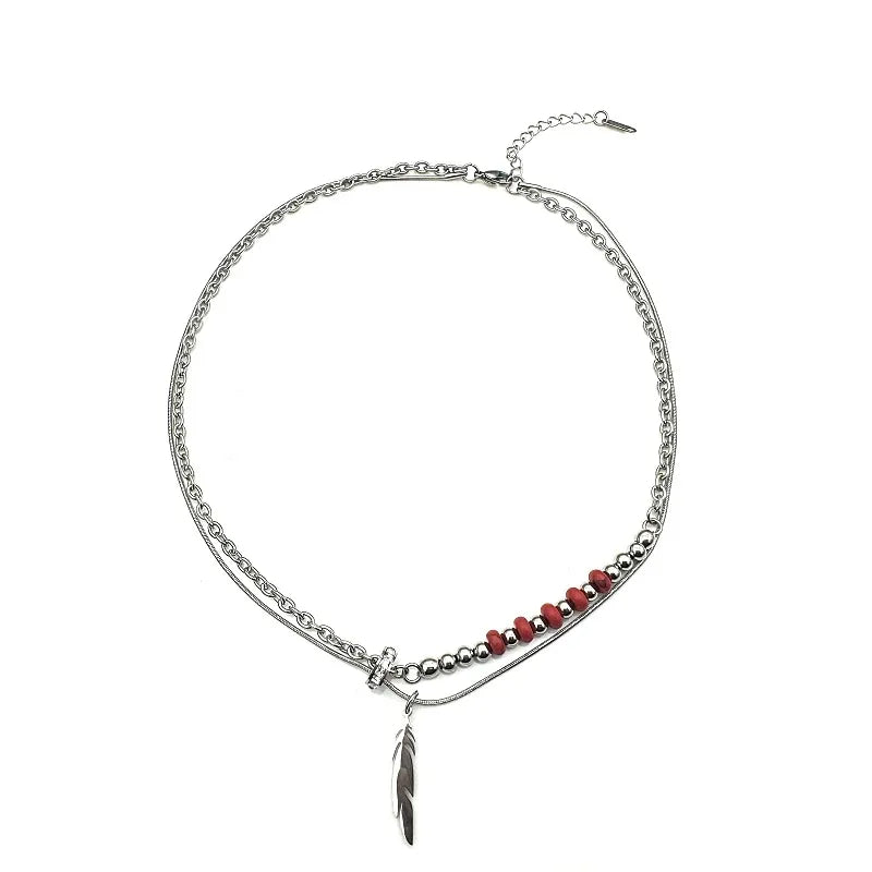 Red Stone Feather Pendant Titanium Necklace