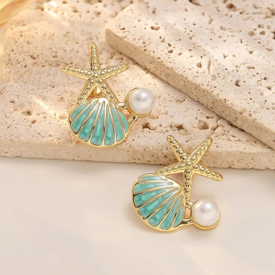 Starfish & Shell Pearl Earrings – Gold Stainless Steel