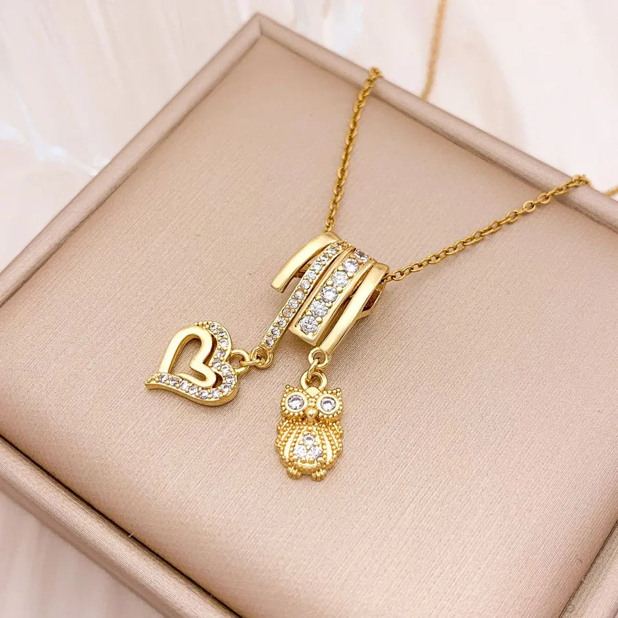 Gold Plated Heart & Eye Zircon Pendant Necklace XL5041 Heart Owl Combination Necklace Gold