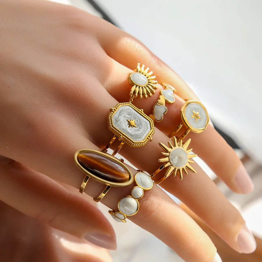 Gold Heart & Flower Titanium Steel Ring Set