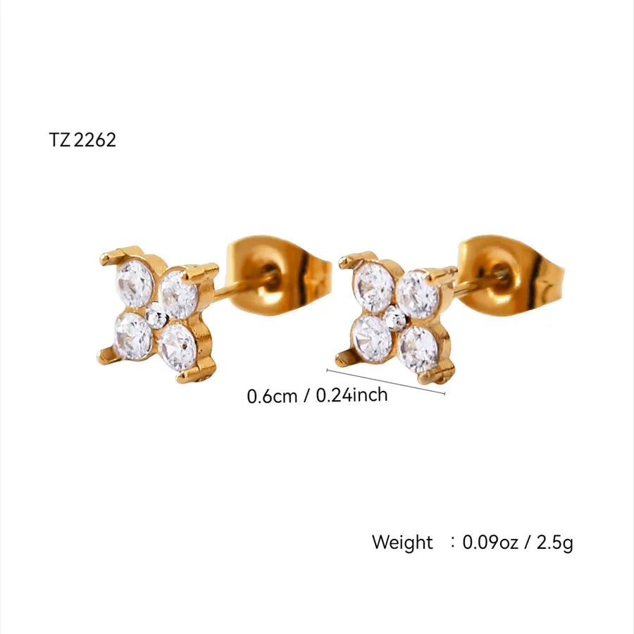 18K Gold Geometric Flower Zircon Stud Earrings Four-Leaf Flower Ear Studs