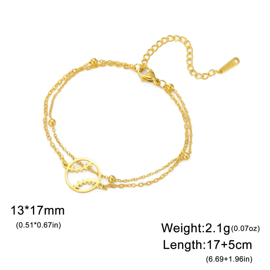 Stainless Steel Sports Pendant Bracelet Gold Baseball-Double Chain