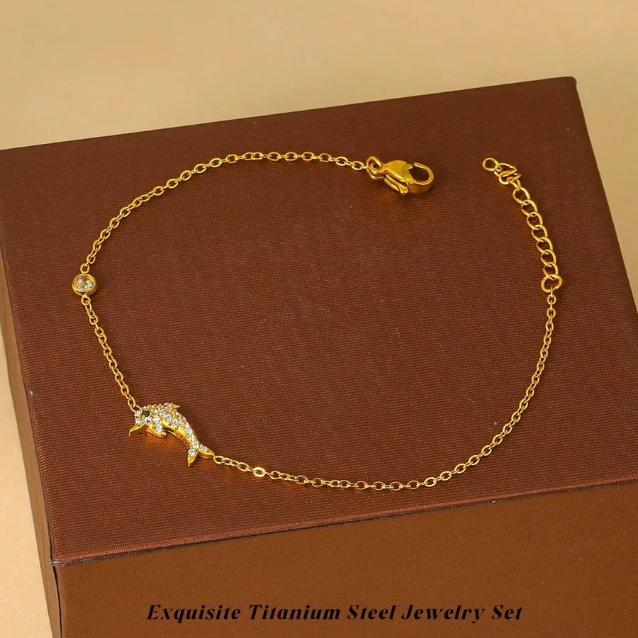 White Star Ocean Bracelet – Titanium Steel & Zircon Gold Dolphin Non-fading Bracelet B0027G